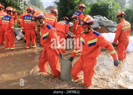 (230805) -- HARBIN, 5. August 2023 (Xinhua) -- Feuerwehrleute bringen Sandsäcke in den Yangming-Bezirk Mudanjiang, Provinz Heilongjiang im Nordosten Chinas, 5. August 2023. Ausgelöst durch sintflutartige Regenfälle in der Stadt Mudanjiang und der Provinzhauptstadt Harbin, haben die Wasserstände einiger Flüsse hier den Warnwasserstand überschritten. Rettungsteams, darunter örtliche Feuerwehrleute und Waldbrandwehrleute, wurden entsandt, um bei der Rettung und Hilfe zu helfen. Die 24-Stunden-Patrouillen auf den Dämmen wurden durchgeführt, um die Risiken zu kontrollieren, und die Überschwemmungen, von denen die Bewohner betroffen waren, wurden umgesiedelt. Stockfoto