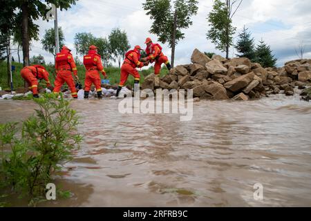 (230805) -- HARBIN, 5. August 2023 (Xinhua) -- Feuerwehrleute transferieren Steine, um Überschwemmungen in der Nähe des Dawan-Dorfes im Dong'an-Bezirk, Mudanjiang, nordöstliche Chinas Provinz Heilongjiang, 5. August 2023 zu blockieren. Ausgelöst durch sintflutartige Regenfälle in der Stadt Mudanjiang und der Provinzhauptstadt Harbin, haben die Wasserstände einiger Flüsse hier den Warnwasserstand überschritten. Rettungsteams, darunter örtliche Feuerwehrleute und Waldbrandwehrleute, wurden entsandt, um bei der Rettung und Hilfe zu helfen. Die 24-Stunden-Patrouillen auf den Dämmen wurden durchgeführt, um die Risiken zu kontrollieren, und die Überschwemmungen haben Stockfoto