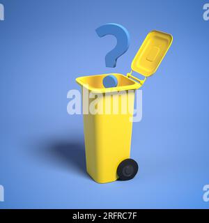 Abfalltrennungskonzept: Offener gelber Abfallbehälter mit Fragezeichen auf nahtlosem blauem Hintergrund Stockfoto
