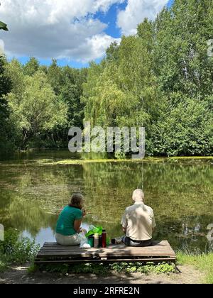 Das Seniorenpaar am See macht im Sommer Ein Picknick. Alte Leute entspannen sich im Sommer am See Stockfoto