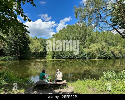 Das Seniorenpaar am See macht im Sommer Ein Picknick. Alte Leute entspannen sich im Sommer am See Stockfoto