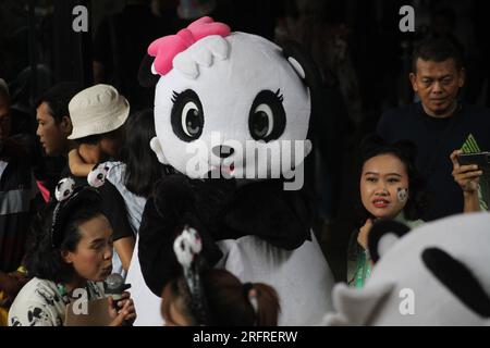 Bogor, Indonesien. 5. Aug. 2023. Die Menschen nehmen an einer Feier zum 13. Geburtstag des Riesenpanda Cai Tao in Taman Safari in Bogor, West Java, Indonesien, am 5. August 2023 Teil. Die riesigen Pandas Cai Tao und Hu Chun aus der Provinz Sichuan im Südwesten Chinas leben seit 2017 im Safaripark. Kredit: Sandika Fadilah/Xinhua/Alamy Live News Stockfoto