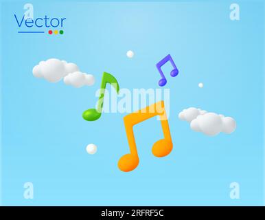 3D bunte Flugmusik-Noten am Himmel, Wolken, minimalistischer Stil, isoliert im Hintergrund. Bannerkonzept, Lied und Melodie-Vektordarstellung für Musik-Komponisten. Vektordarstellung Stock Vektor