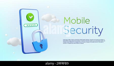 3D fliegendes Smartphone mit grünem Häkchen, Passwort, blauem Sicherheitsschloss am Himmel, weißen Wolken, isoliertem Hintergrund. Bannervorlage für Datensicherheit in der Cloud, Anti-Malware, Illustration persönlicher Daten. Vektordarstellung Stock Vektor