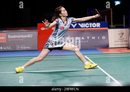 Sydney, Australien. 05. Aug. 2023. Aya Ohori aus Japan in Aktion während des Frauenspiels an Tag 5 der SATHIO GROUP Australian Badminton Open 2023 zwischen Japan und Korea im Quaycenter am 5. August 2023 in Sydney, Australien. Kredit: IOIO IMAGES/Alamy Live News Stockfoto