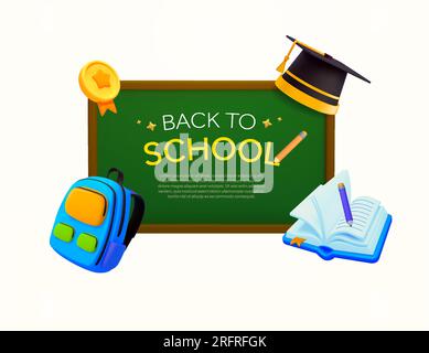 3D-Tafel mit Rucksack, Notizbuch, Bleistift, Graduierungskappe oder -Hut, Goldmedaille, isoliert auf weißem Hintergrund. Bannervorlage „Zurück zur Schule“, Symbol für Schule und Bildung, Vektordarstellung für die Studie. Vektordarstellung Stock Vektor