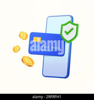 Sicherheitskonzept für Online-Zahlungen mit Smartphone, Bankkarten, Goldmünzen und Schild mit Häkchen. Sicherer Finanztransfer mit Mobiltelefon, Kreditkarten und Beleg. 3D-Vektordarstellung. Vektordarstellung Stock Vektor