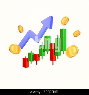 3D wachsende japanische Kerzenhalter-Karte mit Strichpfeil, Münzen, isoliert auf weißem Hintergrund. Banner-Symbol für Investitionen und Handel Konzept, Fonds, Finanzen, Münzen und Aktienvektoren. Vektordarstellung Stock Vektor