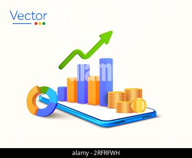 3D Smartphone mit wachsendem Säulendiagramm, grünem Pfeil, Münzstapeln, Rad- oder Ringdiagramm, isoliert auf weißem Hintergrund. Bannerkonzept für Investitionsportfolio, Illustration des profitablen Handelsvektors. Vektordarstellung Stock Vektor