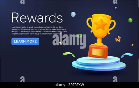 3D goldene Trophäe auf dem Podium, Konfettieffekt, isolierter Hintergrund. Bannervorlage für Glückwünsche, Champion, Gewinner und Preis, Sportprämien. 3D-Vektordarstellung. Vektordarstellung Stock Vektor