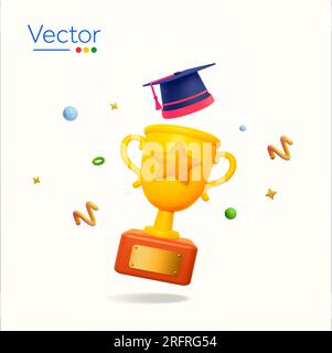 3D goldene Trophäe mit Sternsymbol, Graduierungskappe oder -Hut, Konfettieffekt, isoliert auf weißem Hintergrund. Bannerkonzept für akademische Wettbewerbe, Abschlussfeier, Champion-Vektordarstellung. Vektordarstellung Stock Vektor