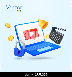 3D Laptop mit Video-Player-Symbol, gesichertes Schloss, Regisseur-Klapptafel, Benachrichtigungsglocke, Münzen, Isoliert im Hintergrund. Bannerkonzept für Media Studio, Video, Film, Vektordarstellung für Filmunternehmen. Vektordarstellung Stock Vektor