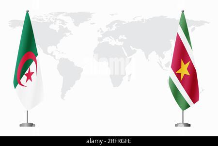 Flaggen von Algerien und Suriname für offizielle Tagungen vor dem Hintergrund der Weltkarte. Stock Vektor