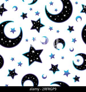 Mystisches helles Neonmuster mit Mond und Sternen. Vektordarstellung. Stock Vektor