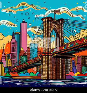 Handgezeichnete Comic-Illustration der Brooklyn Bridge. Brooklyn-Brücke. Vektor-Doodle-Zeichentrickfilm-Illustration Stock Vektor