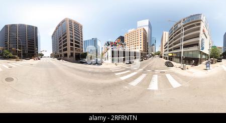 360 Grad Panorama Ansicht von Austin, TX, USA - 24. Juli 2023: 360 rechteckiges Foto der Innenstadt von Austin, Texas