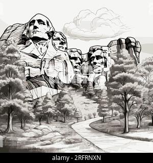 Von Hand gezeichnete Comic-Illustration von Mount Rushmore. Mount Rushmore. Vektor-Doodle-Zeichentrickfilm-Illustration Stock Vektor