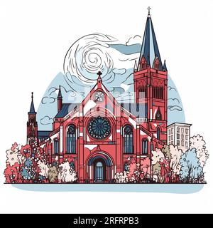 Handgezeichnete Comic-Illustration der Trinity Church in Boston. Trinity Church in Boston. Vektor-Doodle-Zeichentrickfilm-Illustration Stock Vektor