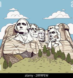 Von Hand gezeichnete Comic-Illustration von Mount Rushmore. Mount Rushmore. Vektor-Doodle-Zeichentrickfilm-Illustration Stock Vektor