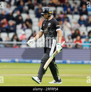 Manchester, Großbritannien. 05. Aug. 2023. 5. August 2023; Old Trafford Cricket Ground, Manchester, England: The Hundert Mens Cricket, Manchester Originals versus London Spirit; Jos Buttler von Manchester Originals bowlte Ravi Bopara of London Spirit für 62 $ Rabatt auf 36 Bälle Credit: Action Plus Sports Images/Alamy Live News Stockfoto