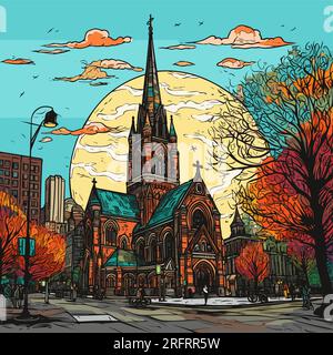 Handgezeichnete Comic-Illustration der Trinity Church in Boston. Trinity Church in Boston. Vektor-Doodle-Zeichentrickfilm-Illustration Stock Vektor