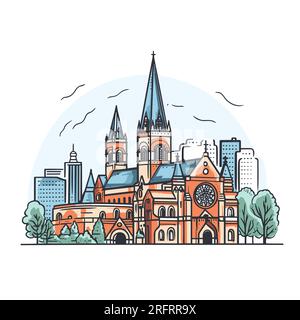 Handgezeichnete Comic-Illustration der Trinity Church in Boston. Trinity Church in Boston. Vektor-Doodle-Zeichentrickfilm-Illustration Stock Vektor