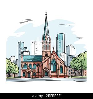 Handgezeichnete Comic-Illustration der Trinity Church in Boston. Trinity Church in Boston. Vektor-Doodle-Zeichentrickfilm-Illustration Stock Vektor