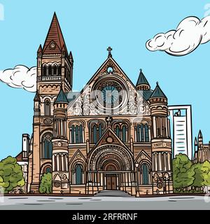 Handgezeichnete Comic-Illustration der Trinity Church in Boston. Trinity Church in Boston. Vektor-Doodle-Zeichentrickfilm-Illustration Stock Vektor