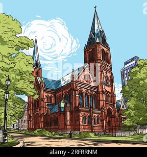 Handgezeichnete Comic-Illustration der Trinity Church in Boston. Trinity Church in Boston. Vektor-Doodle-Zeichentrickfilm-Illustration Stock Vektor