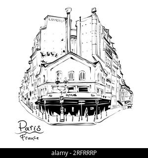 Vektor Hand zeichnen. Typische parisain Haus mit Café, Paris, Frankreich. Stock Vektor