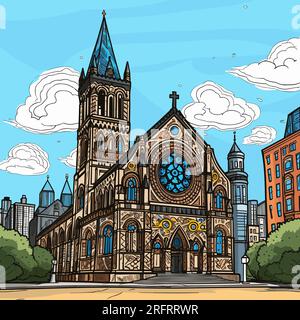 Handgezeichnete Comic-Illustration der Trinity Church in Boston. Trinity Church in Boston. Vektor-Doodle-Zeichentrickfilm-Illustration Stock Vektor