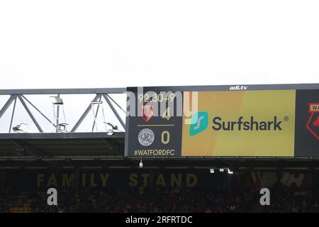 5. August 2023: Vicarage Road, Watford, Hertfordshire, England; EFL Championship Football, Watford gegen Queens Park Rangers; neun Minuten zusätzliche Zeit nach dem 90. Stockfoto