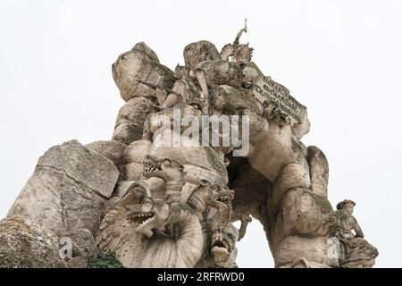 Parnas, Kohlmarkt, Brünn, Tschechische Republik, Tschechien. Historischer barocker Brunnen aus dem 17. Jahrhundert. Statue und Skulptur. Mythische und alegorische La Stockfoto