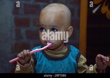 18 Monate altes süßes kahles Baby putzt Zähne mit Zahnbürste, Backsteinwand Hintergrund Stockfoto