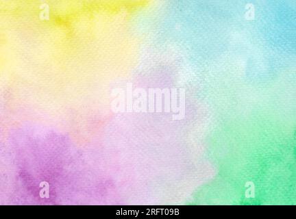 Weiche pastellfarbene Aquarelltextur mit gemischten Regenbogentönen in Gelb, Rosa, Blau und Grün für einen sanften abstrakten Look. Stockfoto