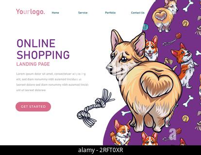 Landing-Page-Vorlage für Tierhandlung bis Verkaufszubehör корги и другие Hunde. Umkleidezubehör für Hunde, Spielzeug, Ball, Knochen. Süße Corgi illus Stock Vektor