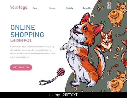 Landing-Page-Vorlage für Tierhandlung bis Verkaufszubehör корги и другие Hunde. Umkleidezubehör für Hunde, Spielzeug, Ball, Knochen. Süße Corgi illus Stock Vektor