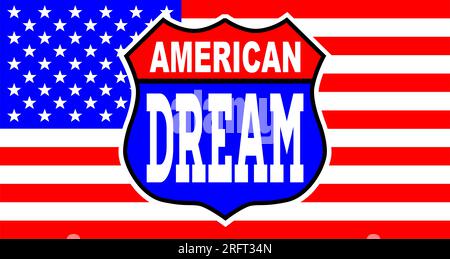 Verkehrsschild im Stil der Route 66 mit der Legende American Dream über der Flagge der USA Stockfoto