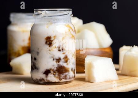 Joghurt aus frischer Milch mit süßer Marmelade aus Feigen mit Obststücken, köstlicher Joghurt mit dem Geschmack von Feigen Stockfoto