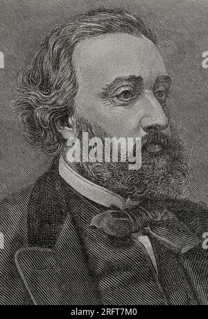 Léon Gambetta (1838-1882). Französischer Staatsmann, einer der Gründer der Dritten Republik. Porträt. Gravur. "Historia de la Guerra Franco-Alemana de 1870-1871". Veröffentlicht in Barcelona 1891. Stockfoto