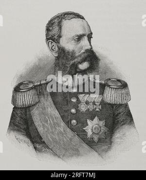 Albert von Sachsen (1828-1875). Kronprinz. König von Sachsen (1873-1902). Porträt. Gravur. "Historia de la Guerra Franco-Alemana de 1870-1871". Veröffentlicht in Barcelona 1891. Stockfoto