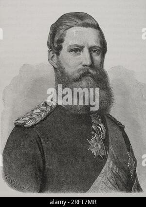 Frederick III (1831-1888). Zweiter deutscher Kaiser und achter König von Preußen für etwas mehr als drei Monate (9. März bis 15. Juni 1888), als Folge seines Todes an Kehlkopfkrebs. Als Kronprinz nahm er als General am französisch-preußischen Krieg Teil und befehligte die III. Deutsche Armee. Porträt. Gravur von E. Krell. "Historia de la Guerra Franco-Alemana de 1870-1871". Veröffentlicht in Barcelona 1891. Stockfoto