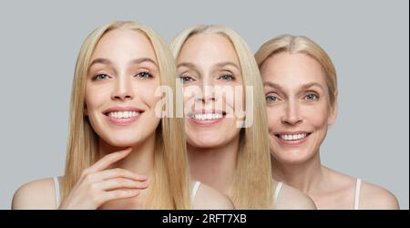 Alterungskonzept. Attraktive blonde Frau, 20, 50 und 65 Jahre alt Stockfoto