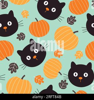 Nahtloses Muster mit schwarzen Katzen, Kürbissen und Herbstblättern. Halloween-Hintergrund. Vektordarstellung. Stock Vektor