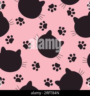 Nahtloses Muster mit schwarzen Katzen und Pfotenabdrücken. Vektordarstellung auf pinkfarbenem Hintergrund. Stock Vektor