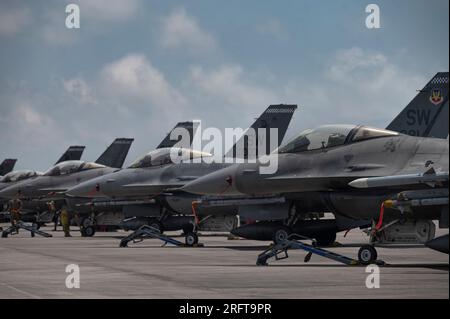 Eine Flotte US Air Force F-16 bekämpft Falcons auf der Fluglinie bei Tyndall AFB, Florida, 17. Mai 2023. Foto: Senior Airman Tiffany Del Oso Stockfoto