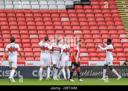 Sheffield, Großbritannien. 05. Aug. 2023. VfB Stuttgart Forward Sehrou Guirassy (9) Torfestival VfB Stuttgart Verteidiger Atakan Karazor (16 16) VfB Stuttgart Mittelfeldspieler Chris Fuhrich (27) VfB Stuttgart Forward Silas Katompa Mvumpa (14) VfB Stuttgart-Verteidiger Atakan Stuttgard Stuttgard Stuttgard Stuttgard Stuttler Stuttgart Stuttgart Staffel Stuttgard Stuttgard Stuttgart Stuttgart Staffel Staffel Stuttgard Stuttgart Stuttg Vereinigtes Königreich am 5. August 2023 Credit: Every Second Media/Alamy Live News Stockfoto