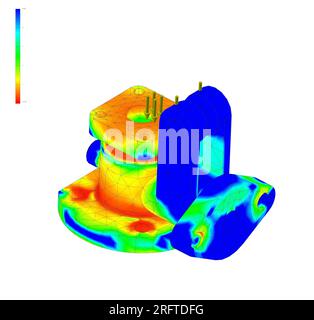 Finite-Elemente-Methode, FEM, Teil mit Flansch, Prüfung von Ermüdung und Spannung im Material Stockfoto