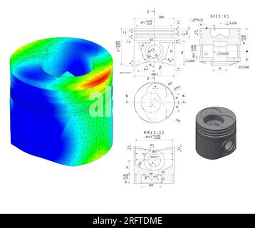 Finite-Elemente-Methode, FEM, Analyse und technische Zeichnungen Grafiken eines Kolbens aus einem Verbrennungsmotor in einem Auto Stockfoto