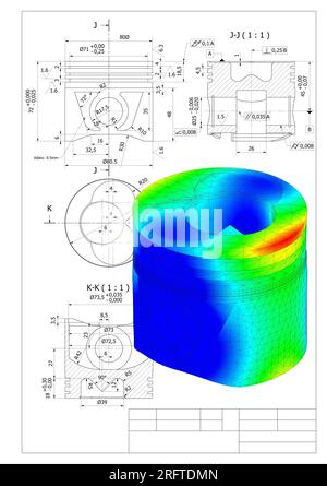 Finite-Elemente-Methode, FEM, Analyse und technische Zeichnungen Grafiken eines Kolbens aus einem Verbrennungsmotor in einem Auto Stockfoto